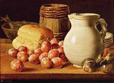 Still Life with plums, figs, bread and fish by Luis Egidio Melendez